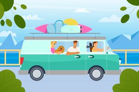 Family going on vacation with luggage on the roof, summer vacations concept. Flat vector illustration, mountains and sea background