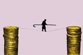 Illustration of a figure walking on a tightrope suspended between two stacks of gold coins.