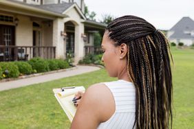 A woman holding a clipboard outside of a home and writing on the pad