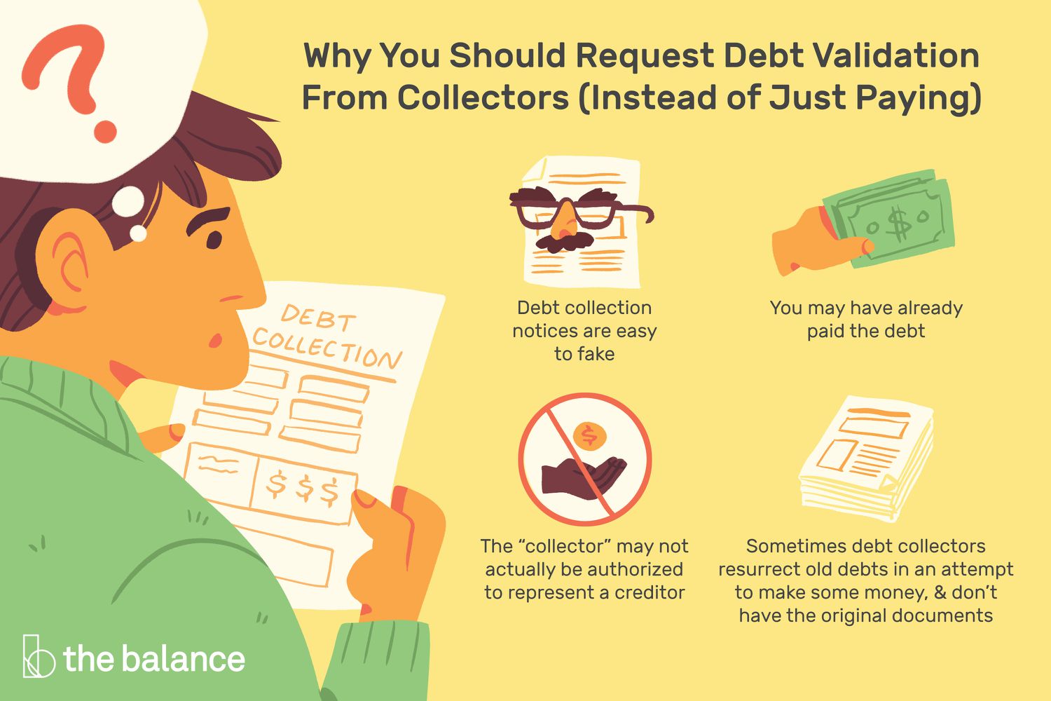Image shows a person holding a bill with a question mark in a thought bubble above their head, representing the headline and text: why you should request a debt validation from collectors instead of just paying a debt: Debt collection notices are easy to fake. You may have already paid the debt. The “collector” may not actually be authorized to represent a creditor. Sometimes debt collectors resurrect old debts in an attempt to make some money, and don’t have the original documents