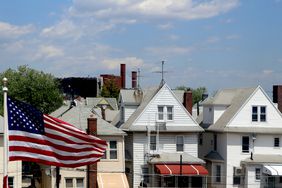 Row houses and American flag in Brooklyn