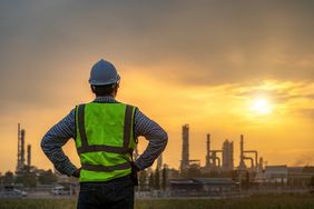 Asian engineers looking at site in oil and gas refinery or Petrochemical factory during sunrise, industrial concept.
