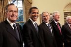 In the oval office, Former President George Bush., President-elect Barack Obama, President George W. Bush, former Presidents Bill Clinton and Jimmy Carter, Washington, D.C., January 7, 2009.