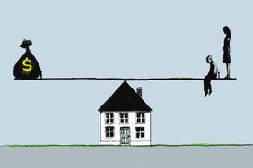 Illustration of a seesaw on top of a house with a money bag on one side and a couple on the other