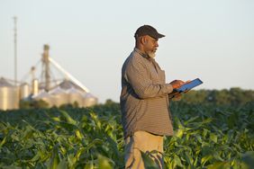Farmer with digital tablet in crop field
