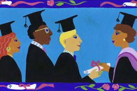 In this colorful illustration, graduating students receive their diplomas on the way to closing the educational achievement gap