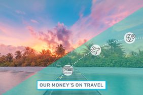 A photograph depicts sunset on a tropical beach under an illustrated overlay of the Our Money’s on Travel logo.