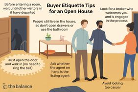 Three people standing in a house, with two of the three shaking hands, with the silhouette of a person coming up the stairs, representing a headline that reads, "Buyer Etiquette Tips for an Open House"