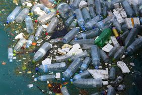 Plastic bottles and polystyrene pollution floating in the water