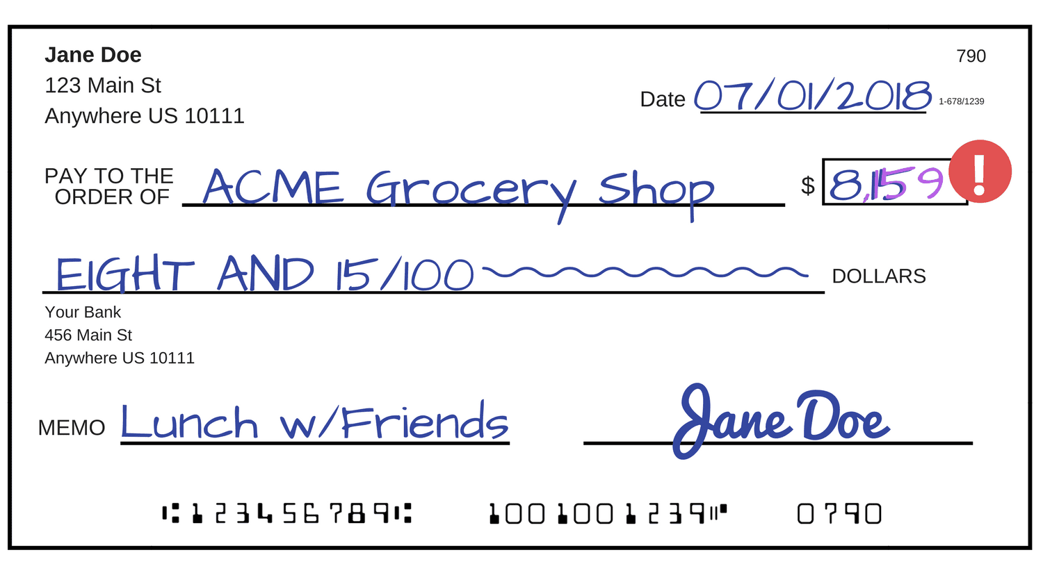 A check that has been altered from $8.15 to $8,159
