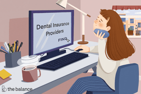 Image shows a woman sitting at her computer holding an ice pack to her jaw. On the screen reads: "dental insurance providers" and she is clicking her cursor over a button that says "find"
