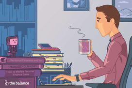 Image shows a man sitting at a desk drinking a cup of coffee with a stack of books next to him. The books are called 